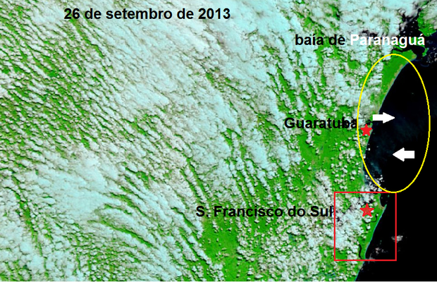 Imagem do satélite Terra, operado pela NASA, mostra fumaça de incêndio em Santa Catarina (Foto: Nasa/Climatempo)
