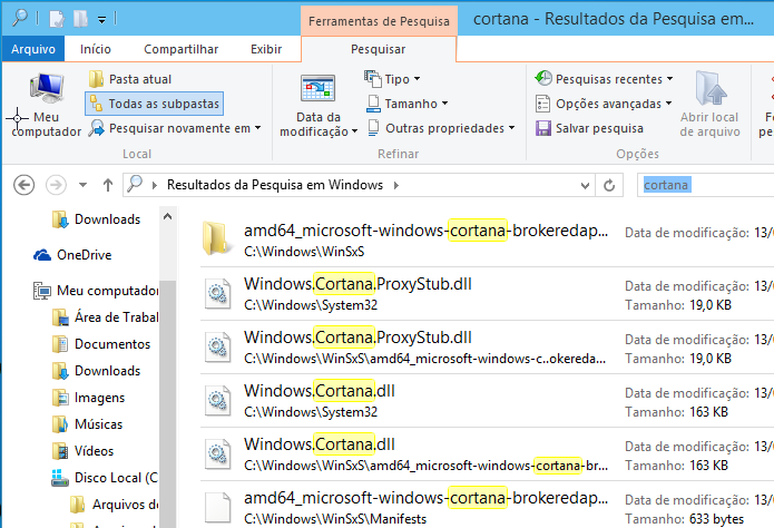 Arquivos relacionados à palavra cortana encontrados no Windows 10 (Foto: Reprodução/Edivaldo Brito)