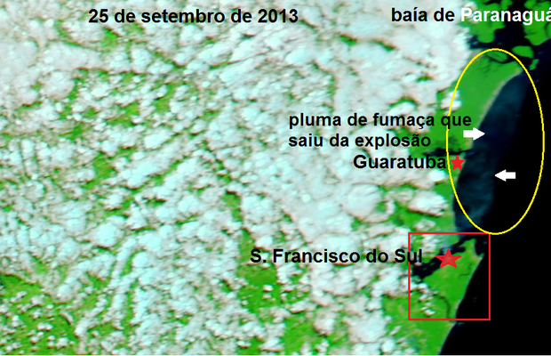 Imagens do satélite Terra, operado pela NASA, mostra fumaça de incêndio em Santa Catarina (Foto: Nasa/Climatempo)