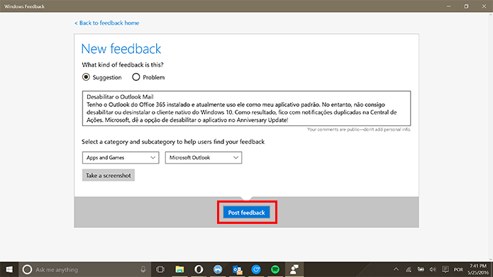 Windows Feedback postará a reclamação do usuário para avaliação da Microsoft (Foto: Reprodução/Elson de Souza)