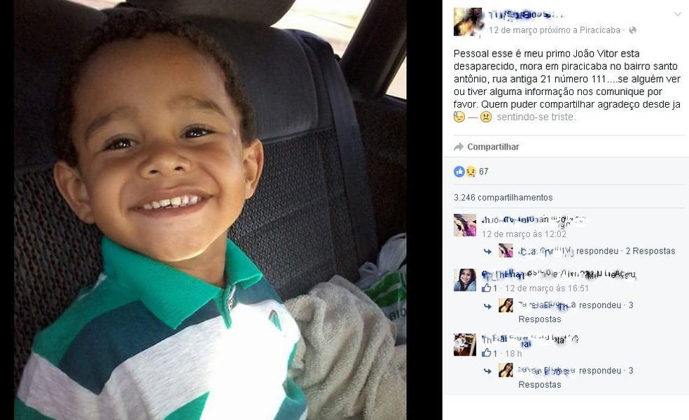 Família de João Vitor faz campanha na internet para encontrar o garoto (Foto: Reprodução/Facebook)