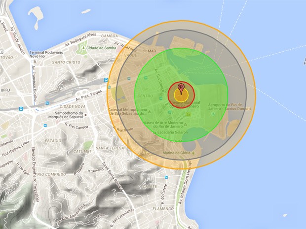 Nuke Map simula detonação da bomba 'Little Boy' no centro do Rio de Janeiro (Foto: Reprodução/ NukeMap)