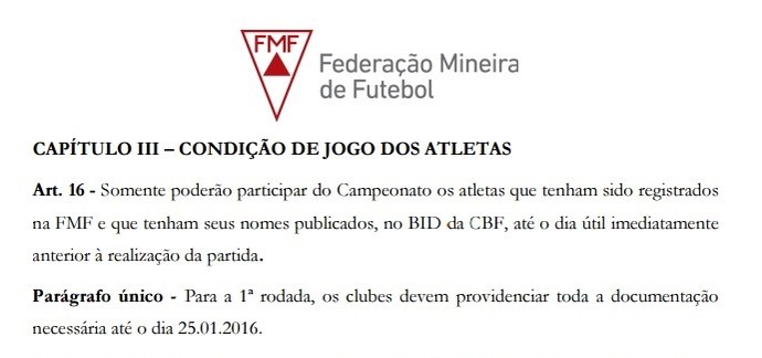 Artigo 16 do Regulamento do Campeonato Mineiro (Foto: Reprodução/FMF)