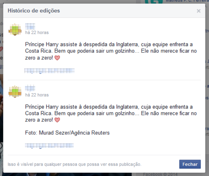Histórico de edição do post do Facebook (Foto: Reprodução/Lívia Dâmaso) Histórico de edição do post do Facebook (Foto: Reprodução/Lívia Dâmaso)