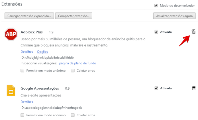 Desinstalando uma extensão (Foto: Reprodução/Helito Bijora)