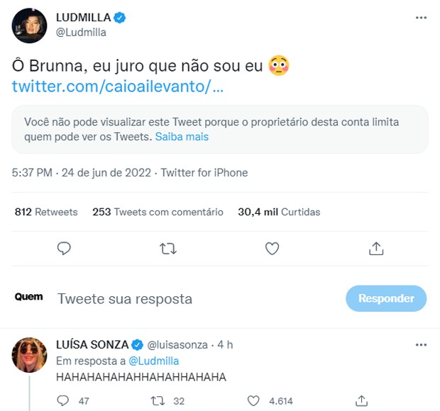 Ludmilla diz que não é ela beijando Luísa Sonza ao postar vídeo de Madonna beijando Tokischa (Foto: Reprodução/Twitter)