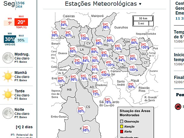 Imagem das estaÃ§Ãµes meteorolÃ³gicas da Prefeitura de SÃ£o Paulo mostra temperaturas na capital (Foto: ReproduÃ§Ã£o/CGE)