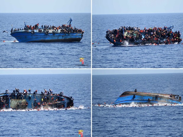 Combinação de fotos mostra imigrantes pulando de um barco durante naufrágio na quarta-feira (25), antes da chegada do resgate pelos navios 'Bettica' e 'Bergamini' da marinha italiana na costa da Líbia (Foto: Marinha italiana/Divulgação via Reuters)