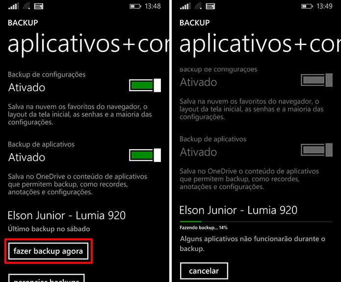 Windows Phone faz backup manual ou automático de aplicativos e jogos do sistema (Foto: Reprodução/Elson de Souza)