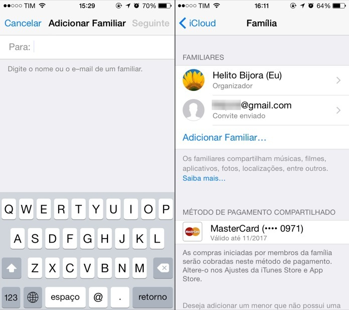 Adicionando membros ao compartilhamento familiar (Foto: Reprodução/Helito Bijora)