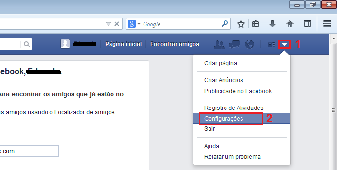Acessando as configurações de sua conta no Facebook (Foto: Reprodução/Edivaldo Brito)