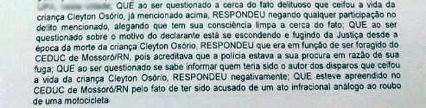 Trecho do depoimento dado à polícia pelo adolescente suspeito de participar do homicídio de uma criança de 10 anos em Macaíba, na Grande Natal (Foto: Anderson Barbosa/G1)