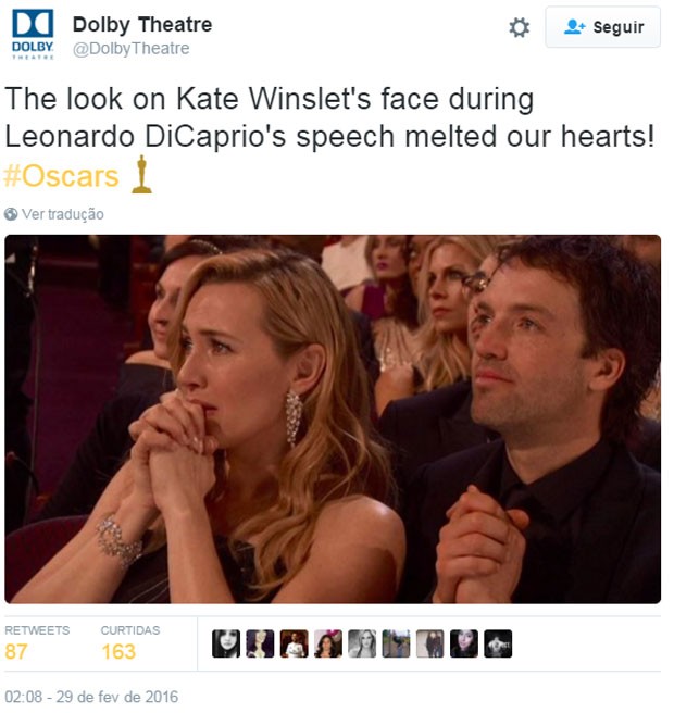 A vitória de Leonardo DiCaprio no Oscar rendeu muitos memes na internet (Foto: Reprodução/Twitter/@DolbyTheatre)