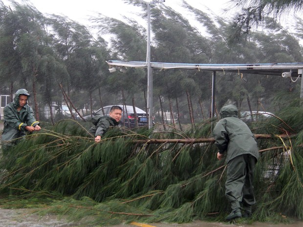Pessoas tentam remover ramos em uma rua da província chinesa de Guangdong, região atingida pelo tufão Mujigae  (Foto: Stringer/Reuters)