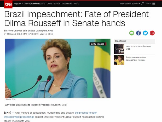 CNN destaca que &#39;destino de Dilma Rousseff está nas mãos do Senado&#39; (Foto: Reprodução/G1)