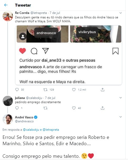 André Vasco respondeu comentários criticando a escolha dos nomes dos filhos Wolf e Maya (Foto: Reprodução/Twitter)