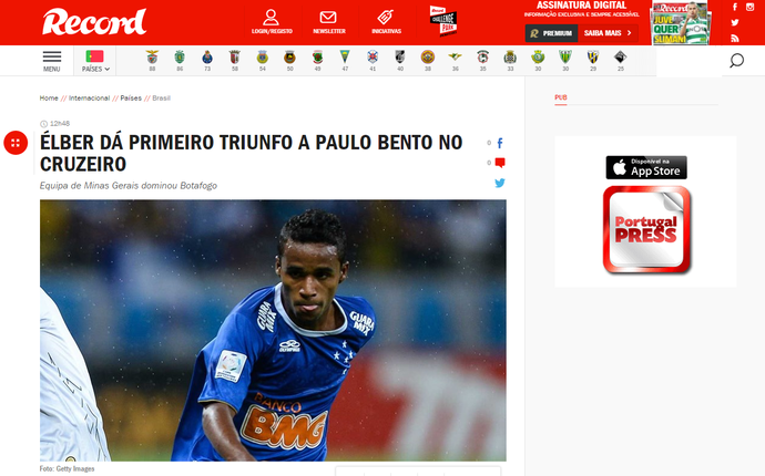 "Record" repercute vitória celeste contra o Botafogo (Foto: Reprodução/Internet) "Record" repercute vitória celeste contra o Botafogo (Foto: Reprodução/Internet)