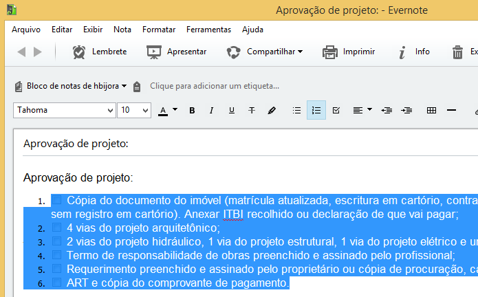 Texto convertido em checklist com lista numerada (Foto: Reprodução/Helito Bijora)