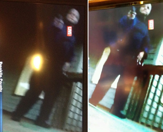Imagens postadas em redes sociais mostram momento em que o atirador aparece no vídeo durante a entrada ao vivo (Foto: Reprodução)