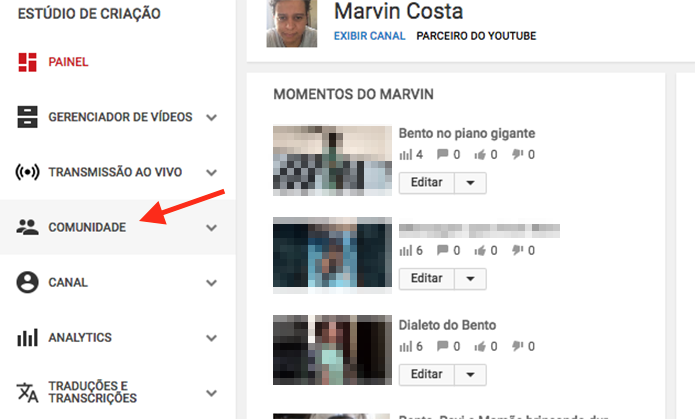 Caminho para acessar as opções de comunidade nas configurações de um canal no YouTube (Foto: Reprodução/Marvin Costa)