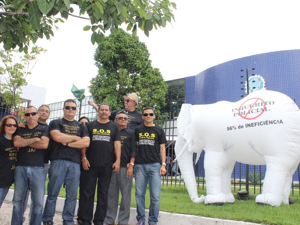 Policiais federais utilizam elefante branco em manifestação (Foto: Catarina Costa/G1)