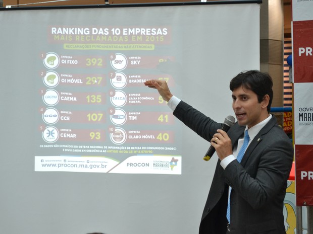 Presidente do PROCON mostra ranking das empresas mais reclamadas em 2015 no Maranhão (Foto: Divilgação/Procon-MA)