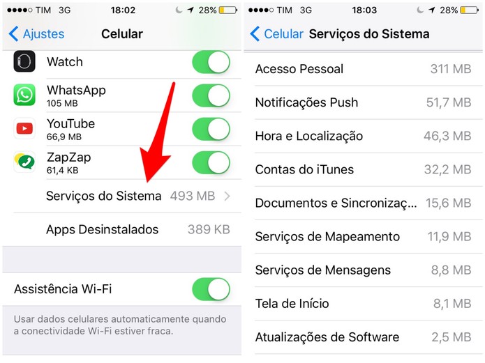 Toque em Serviços do Sistema e veja as funções do iOS que mais consomem dados no iPhone (Foto: Reprodução/Lucas Mendes)