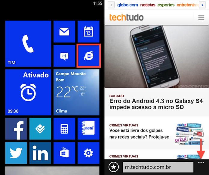 Acessando uma página da web para compartilhar via NFC com Windows Phone (à esquerda) e selecionando as configurações (à direita) (Foto: Reprodução/Helito Bijora) Acessando uma página da web para compartilhar via NFC com Windows Phone (à esquerda) e selecionando as configurações (à direita) (Foto: Reprodução/Helito Bijora)