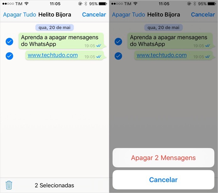 Apagando mensagens no WhatsApp para iOS (Foto: Reprodução/Helito Bijora) Apagando mensagens no WhatsApp para iOS (Foto: Reprodução/Helito Bijora)