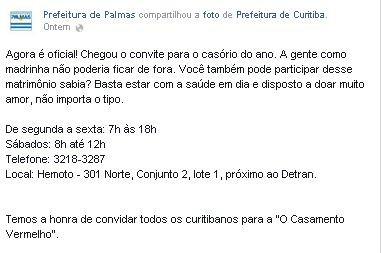 Prefeitura de Palmas aproveitou brincadeira para pedir doações de sangue para o Hemoto (Foto: Reprodução/Facebook)