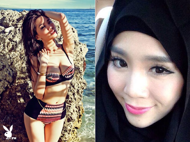 Felixia posou com roupas sensuais para a Playboy Filipinas e agora usa véu islâmico (Foto: Reprodução/Twitter/Playboy/Facebook/Felixia Yeap) Felixia posou com roupas sensuais para a Playboy Filipinas e agora usa véu islâmico (Foto: Reprodução/Twitter/Playboy/Facebook/Felixia Yeap)