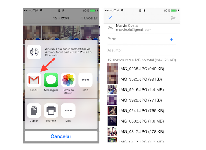 Anexando mais de cinco fotos do iPhone em um e-mail através do aplicativo do Gmail (Foto: Reprodução/Marvin Costa)