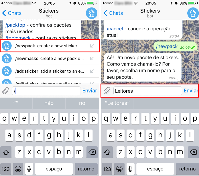 Digite “/newpack” para começar a criar o pacote de stickers e escolha um nome para o grupo de adesivos do Telegram (Foto: Reprodução/Daniel Ribeiro)