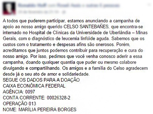 Campanha de doação para tratamento de Celso Sabanes (Foto: Reprodução / Facebook)