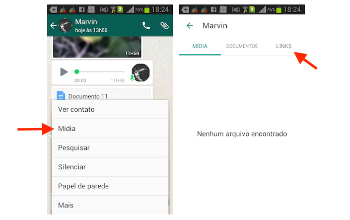 Acessando a página de links recebidos no WhatsApp para Android (Foto: Reprodução/Marvin Costa)