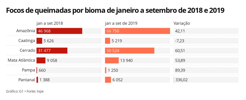 Focos de queimadas registrados de janeiro a setembro de 2018 e 2019, por bioma — Foto: Infografia/G1
