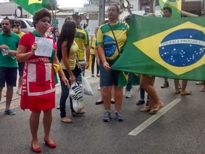 Manifestante se caracteriza para representar a presidente Dilma Rousseff em protesto na PB (Foto: Juliana Bandeira/G1)