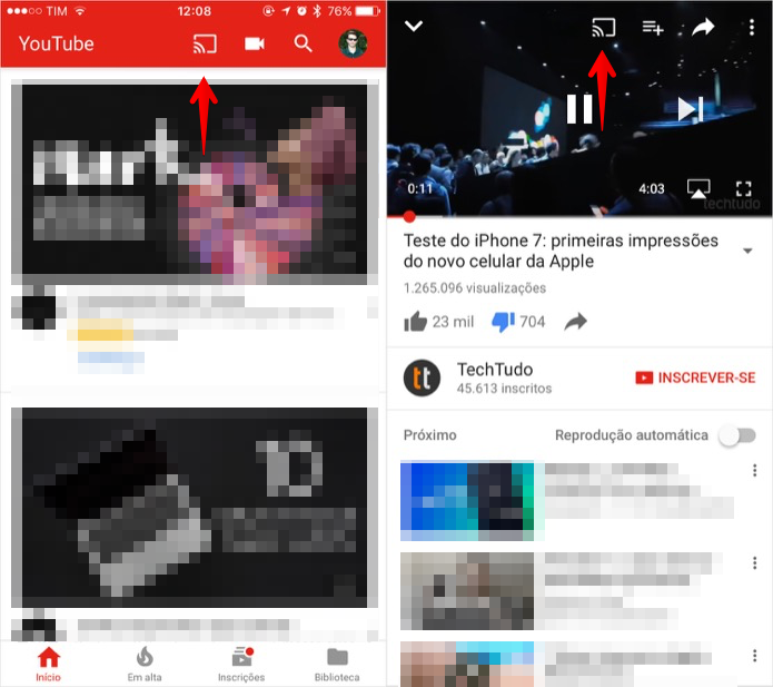 Botão para transmissão de vídeo para a TV (Foto: Reprodução/Helito Bijora)