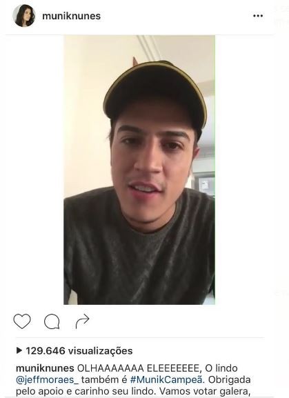 Jefferson Moraes gravou vídeo pedindo torcida para Munik Nunes no BBB (Foto: Reprodução/Instagram)