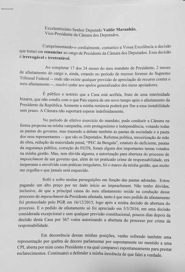 Primeira página da carta de renúncia de Eduardo Cunha (Foto: Reprodução)