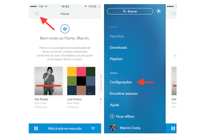 Acessando as configurações do Rdio no celular (Foto: Reprodução/Marvin Costa)