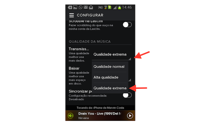 Ativando a qualidade extrema de transmissão de áudio no Spotify para Android (Foto: Reprodução/Marvin Costa)
