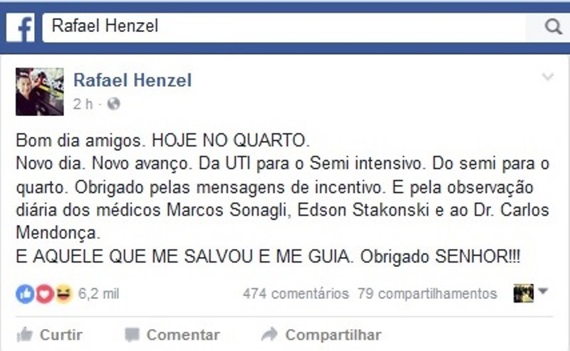 No Facebook, Henzel comemorou avanço na recuperação e agradeceu ao carinho recebido (Foto: Reprodução/Facebook)