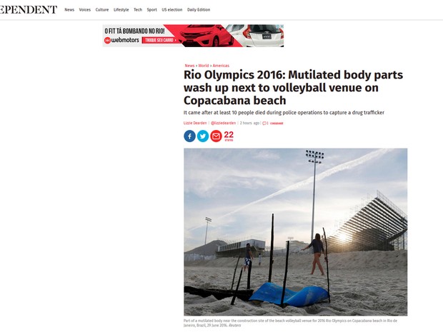Britânico Independent destacou o encontro do corpo mutilado como notícia referente aos jogos olímpicos do Rio (Foto: Reprodução/Independent)