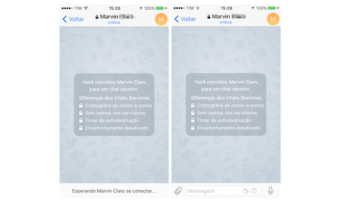 Chat secreto do Telegram no iPhone (Foto: Reprodução/Marvin Costa) (Foto: Chat secreto do Telegram no iPhone (Foto: Reprodução/Marvin Costa)) Chat secreto do Telegram no iPhone (Foto: Reprodução/Marvin Costa) (Foto: Chat secreto do Telegram no iPhone (Foto: Reprodução/Marvin Costa))