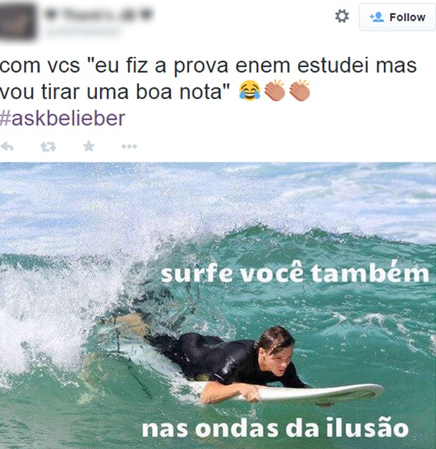 Brincadeiras a respeito da nota do Enem 'bombaram' nas redes sociais (Foto: Reprodução/Twitter/cleinhabieber)