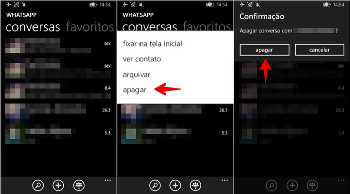 Apagando uma conversa no WhatsApp para Windows Phone (Foto: Reprodução/Helito Bijora) Apagando uma conversa no WhatsApp para Windows Phone (Foto: Reprodução/Helito Bijora)