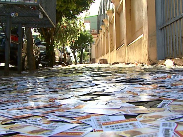 SAntinhos espalhados em calçada provocaram a queda de idosa em São Carlos (Foto: Marlon Tavoni/ EPTV)
