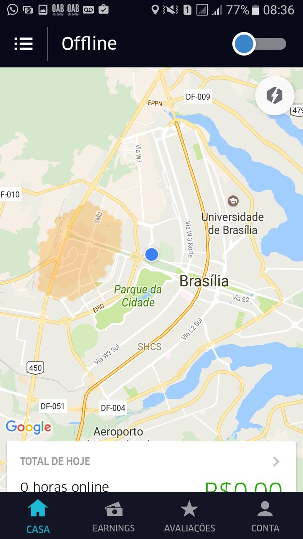 Tela de celular de motorista do Uber indica opção 'offline' em dia de protesto (Foto: Reprodução)