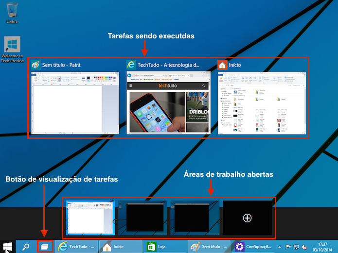 Novo botão de exibição de tarefas e as várias áreas trabalho (Foto: Reprodução/Edivaldo Brito)